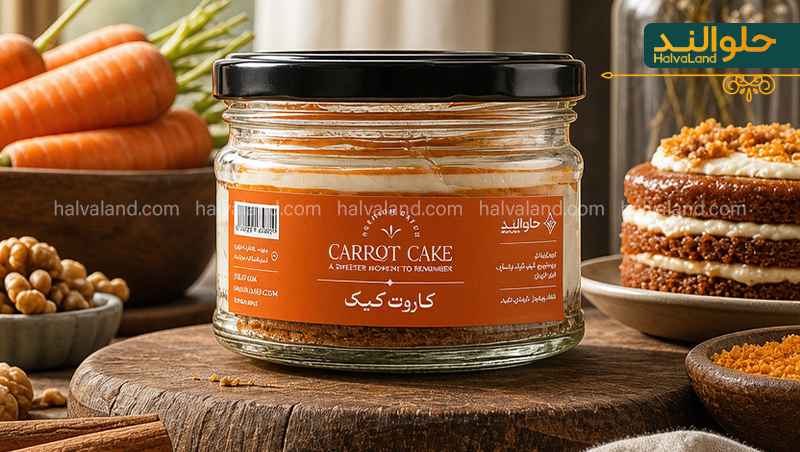 دسر شیشه‌ای کاروت کیک (کیک هویج و گردو) هلوالند با برچسب نارنجی در کنار هویج، گردو و چوب دارچین
